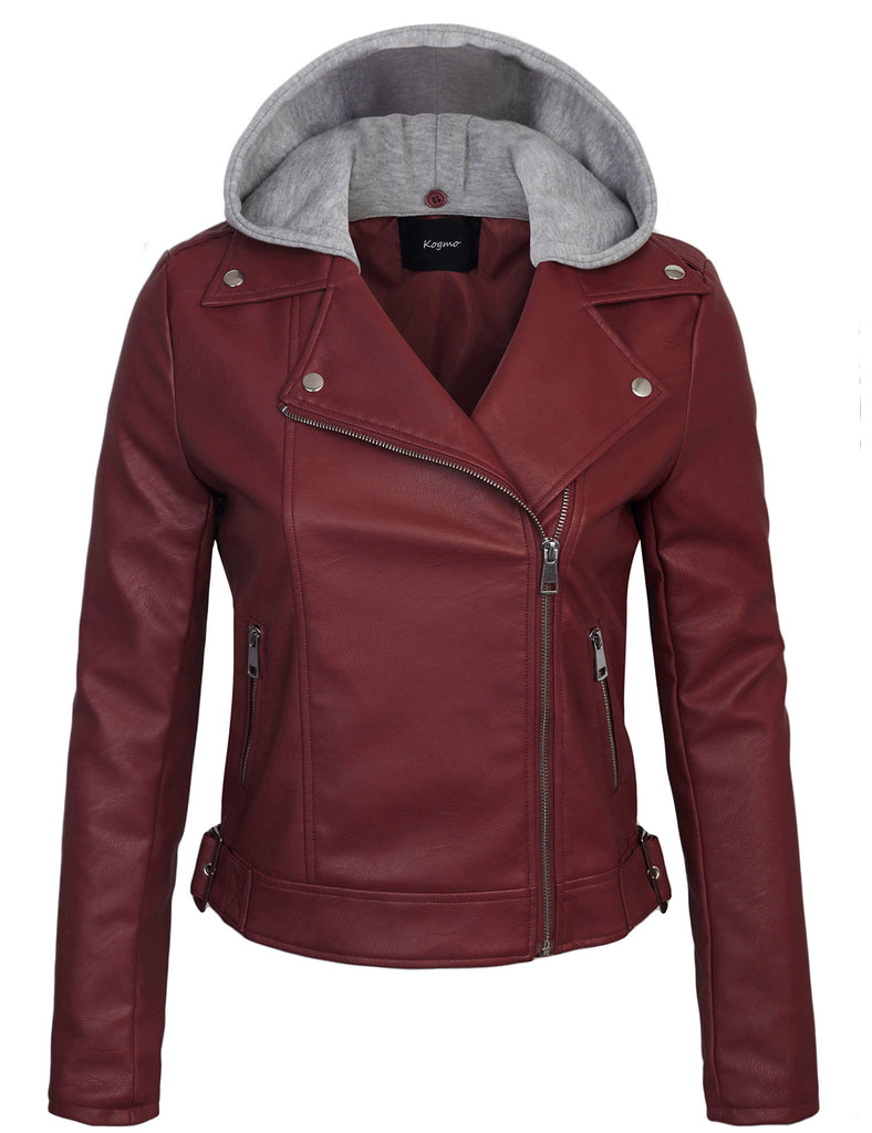 Womens Faux PU Leather Zip Up Double Breast MOTO Jacket with Hoodie