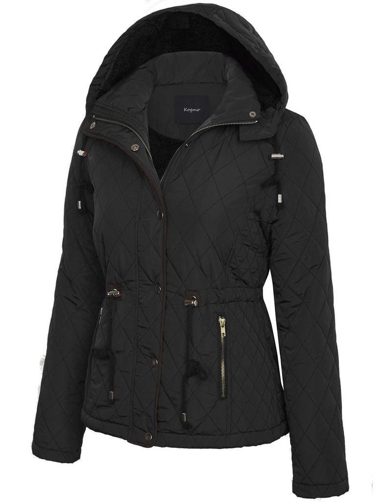 Womens Fur Lined Lightweight Zip Up Quilted Jacket with Detachable Hood