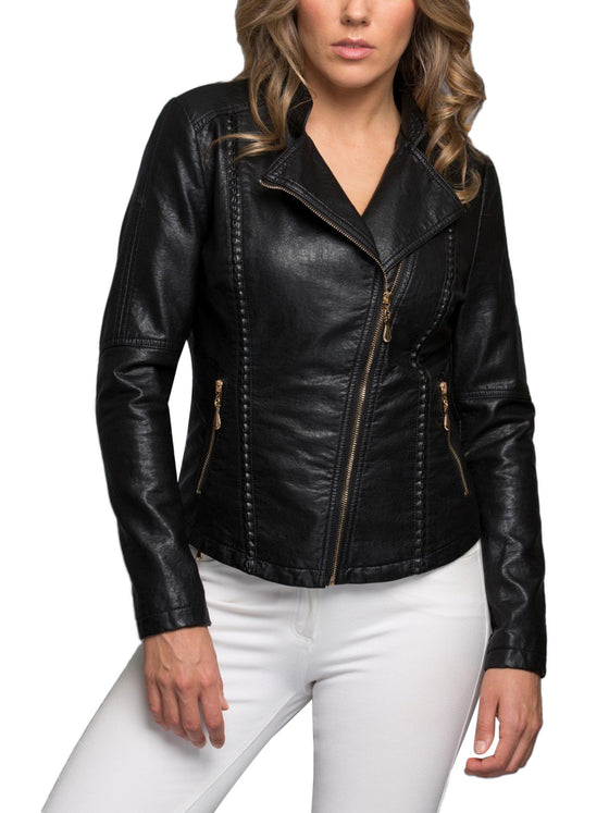 KOGMO Womens Double Breasted MOTO Zip Up PU Faux Leather Jacket