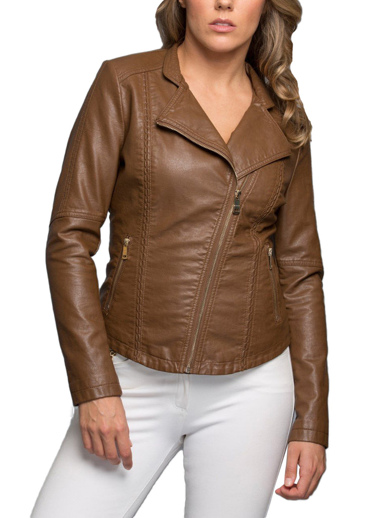 KOGMO Womens Double Breasted MOTO Zip Up PU Faux Leather Jacket