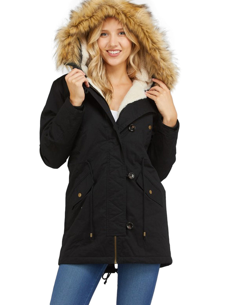 KOGMO Women's Long Anorak Coat Fur Trim Hoodie Jacket with Fuax Fur Lined