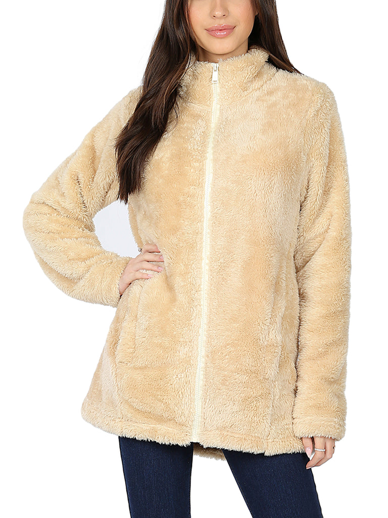 KOGMO Women's Soft Faux Fur Zip Up Jacket with Pockets Relaxed Fit
