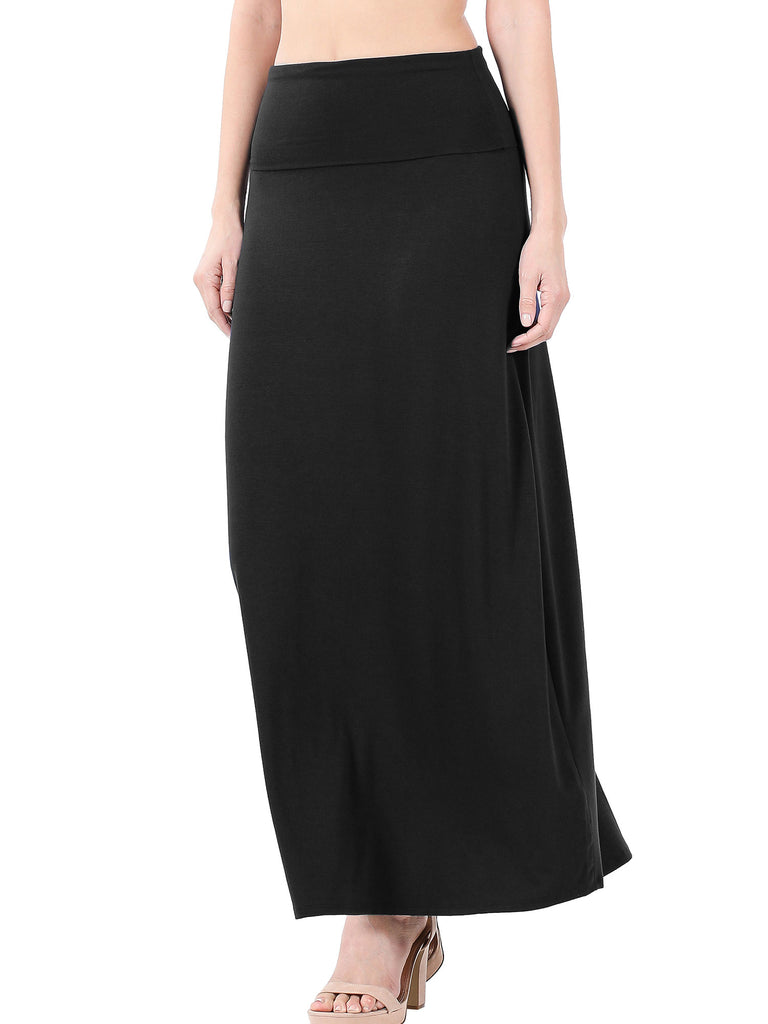 Womens Classic Maxi Skirt with Foldable Wide Waistband (S-3X)