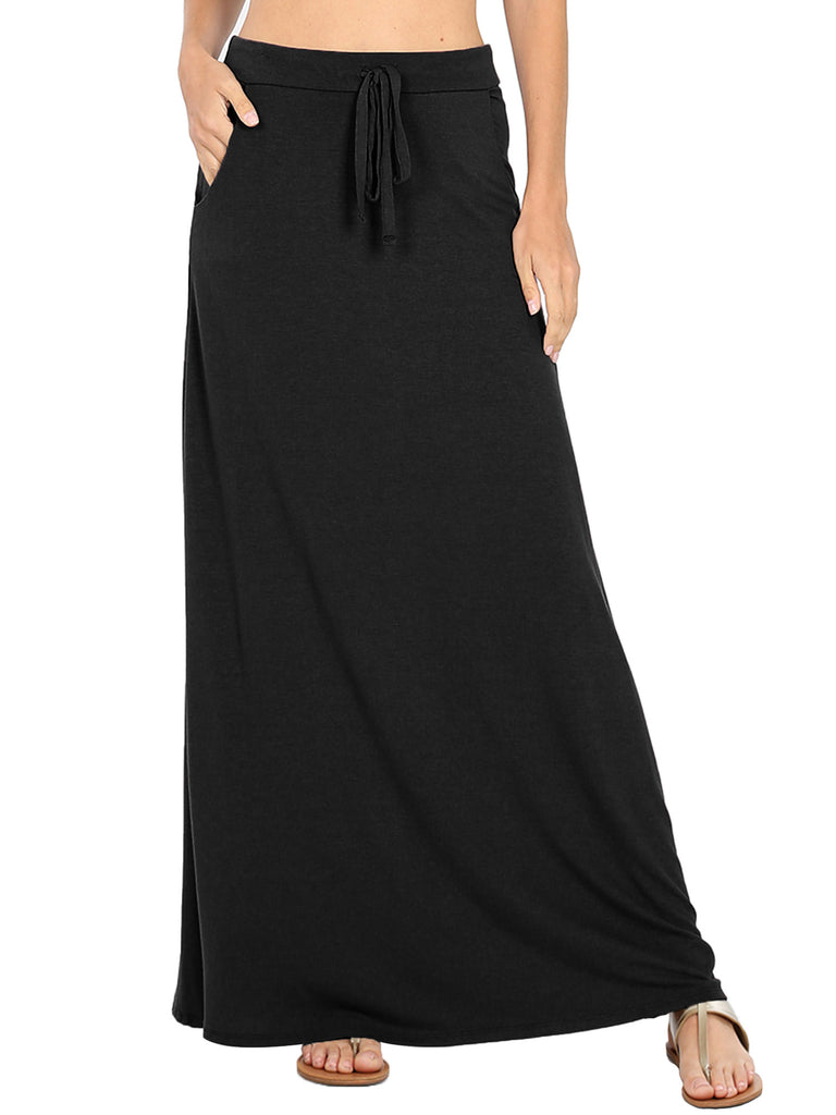 Womens Casual Maxi Skirt with Waist Drawstring and Side Pockets (S-3X)