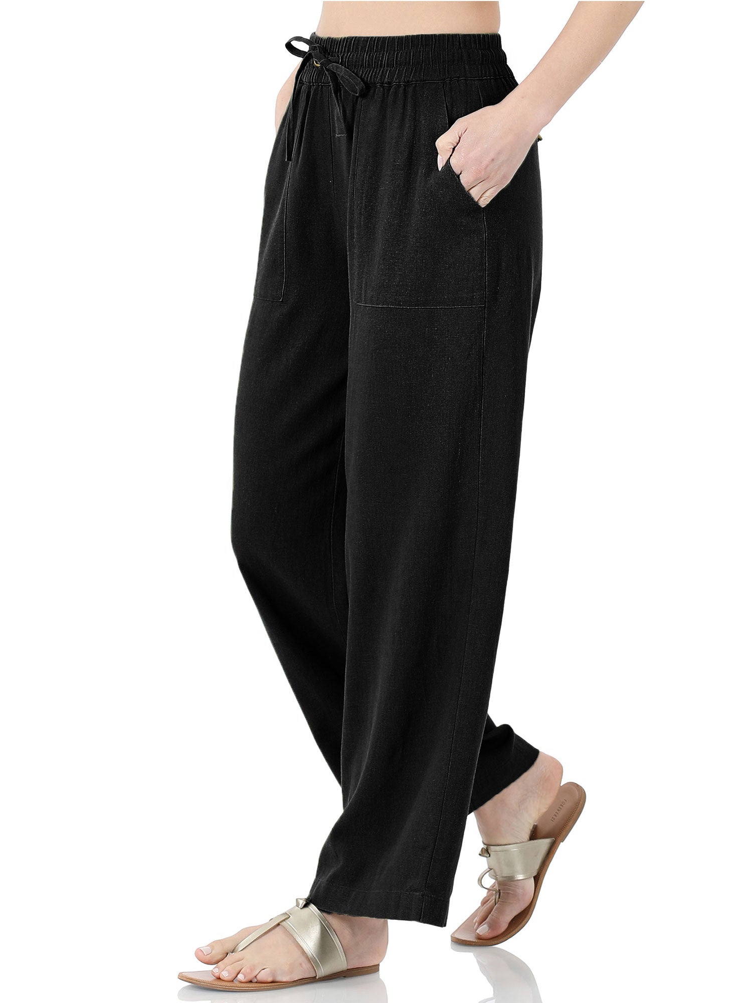 zanvin Linen Pants for Women,Clearance Fashion Women Plus Size Drawstring  Casual Solid Elastic Waist Pocket Loose Pants work pants women Black 