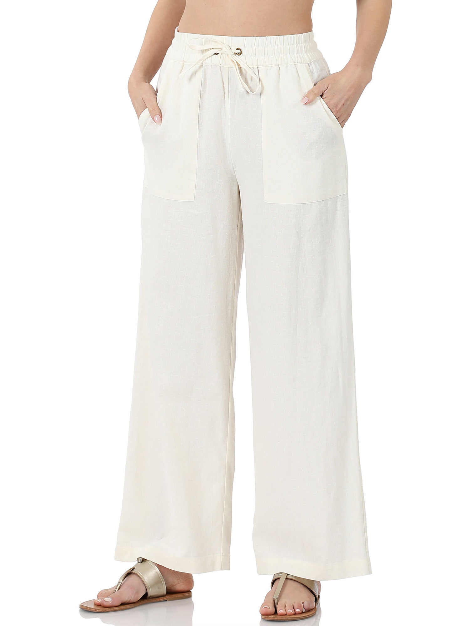 Womens Casual Linen Pants with Waist Drawstring and Side Pockets - KOGMO