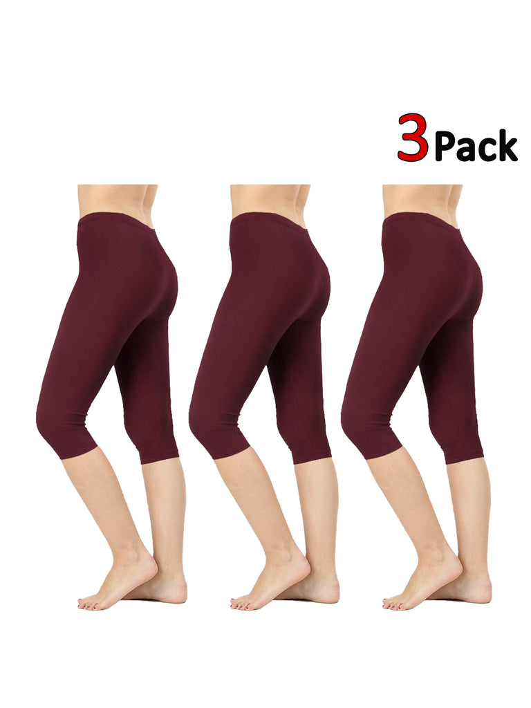 Womens Premium Cotton Comfortable Stretch Capri Leggings 15in Inseam (3-Pack)