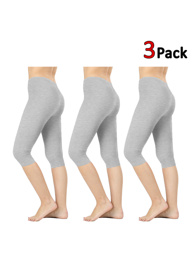Womens Premium Cotton Comfortable Stretch Capri Leggings 15in Inseam (3-Pack)