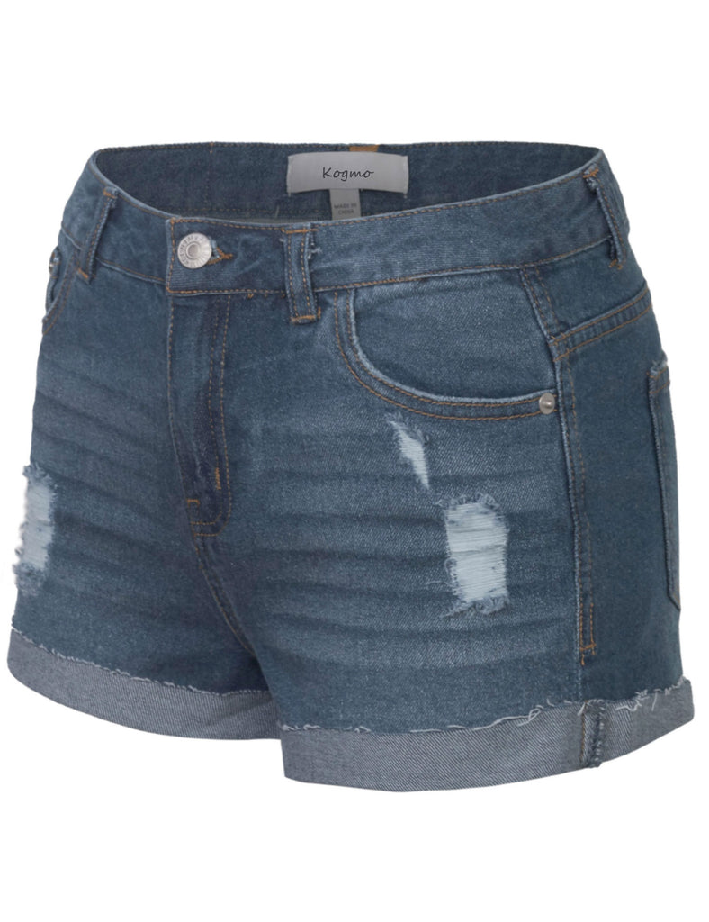 Women's Distressed Denim Shorts Folded Hem