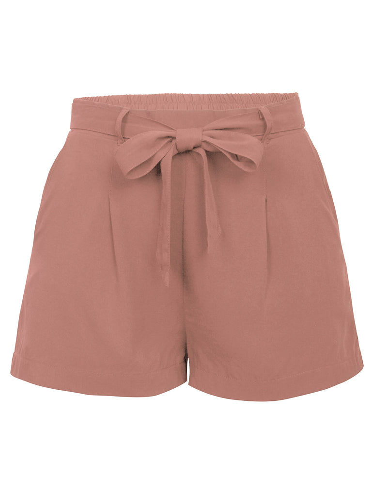 KOGMO Womens Casual Solid Woven Shorts With Self Tie Bow and Elastic Wasit Band