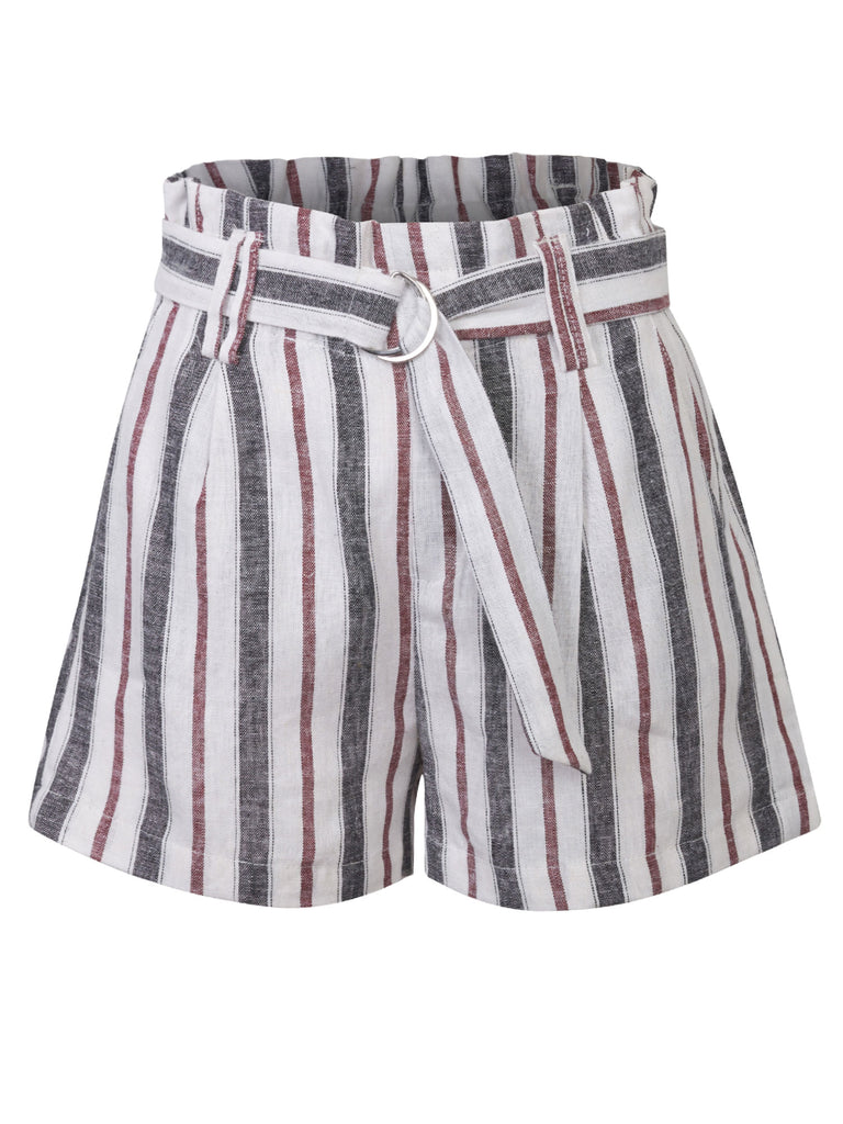 KOGMO Women's Casual Multi Color Striped Summer Beach Linen Shorts With Belt