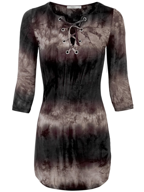 KOGMO Womens Front Eyelet 3/4 Sleeve Tie Dye Casual Dress