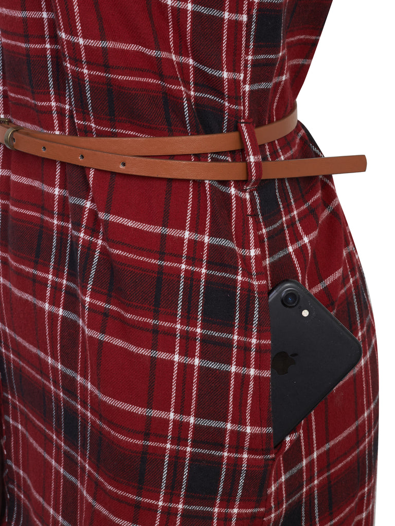 KOGMO Women's Long Sleeve Button Front Belted Plaid Checker Shirt Dress