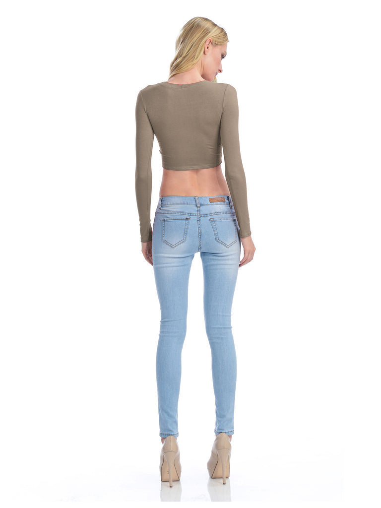 Long Sleeve Basic Crop Top Round Neck With Stretch - KOGMO