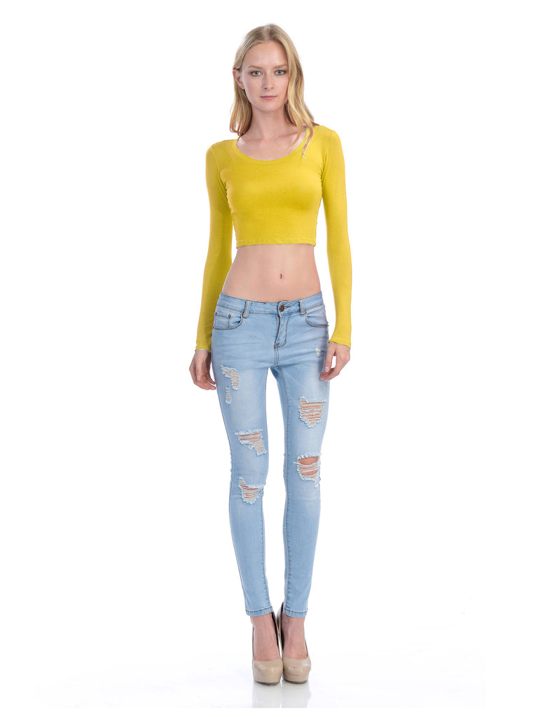 Long Sleeve Basic Crop Top Round Neck With Stretch