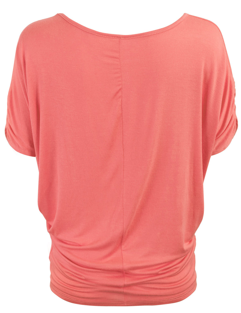 Solid Basic Boatneck Dolman Top with Sleeve Shirring V Neck