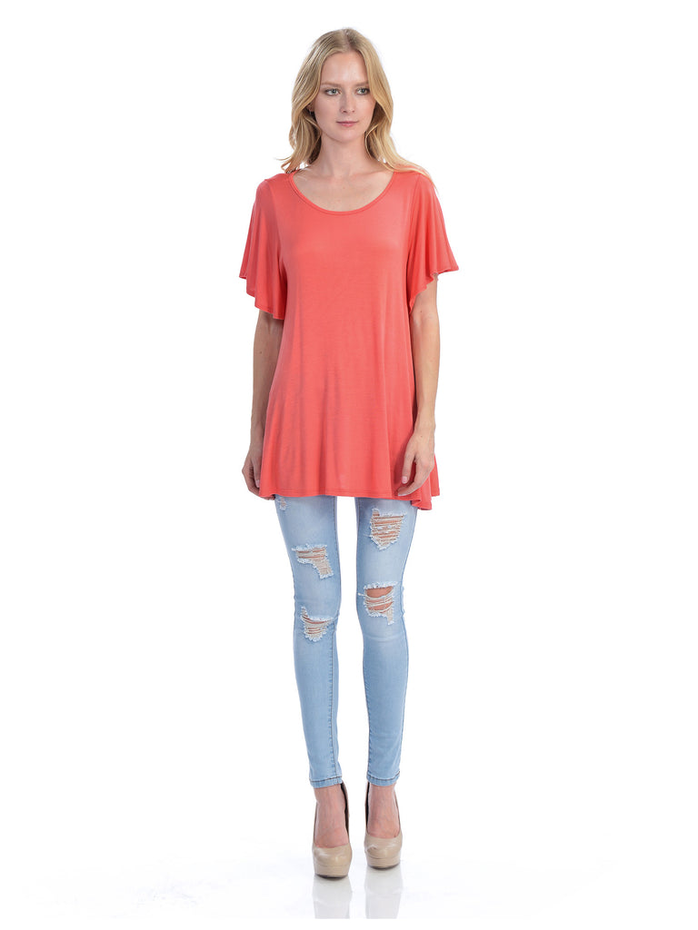 [Clearance] Womens Solid Basic Loose Fit Tunic Top with Ruffle Sleeve
