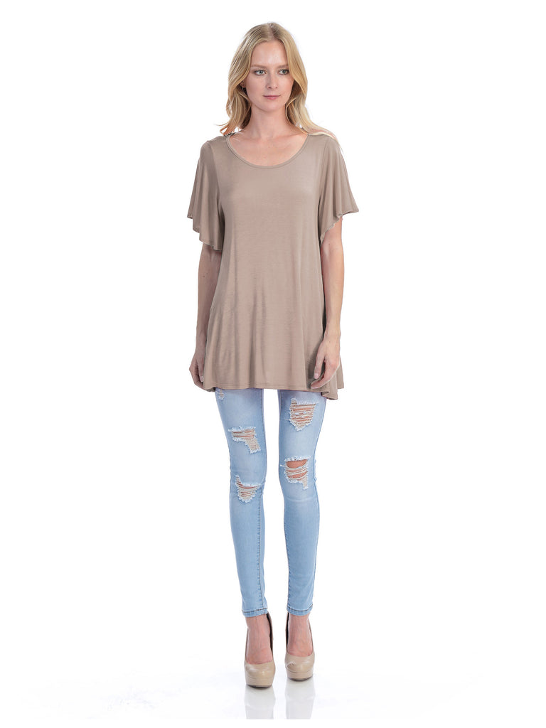 [Clearance] Womens Solid Basic Loose Fit Tunic Top with Ruffle Sleeve