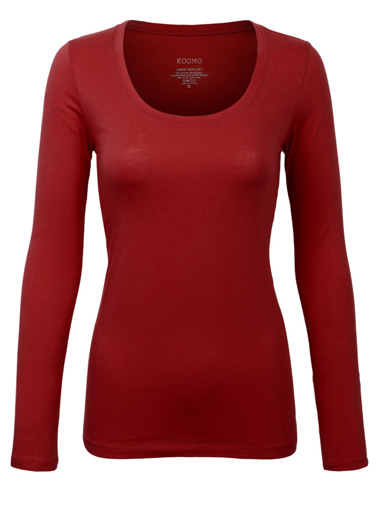 Womens Long Sleeve Basic Plain Scoop Neck T-shirt Top