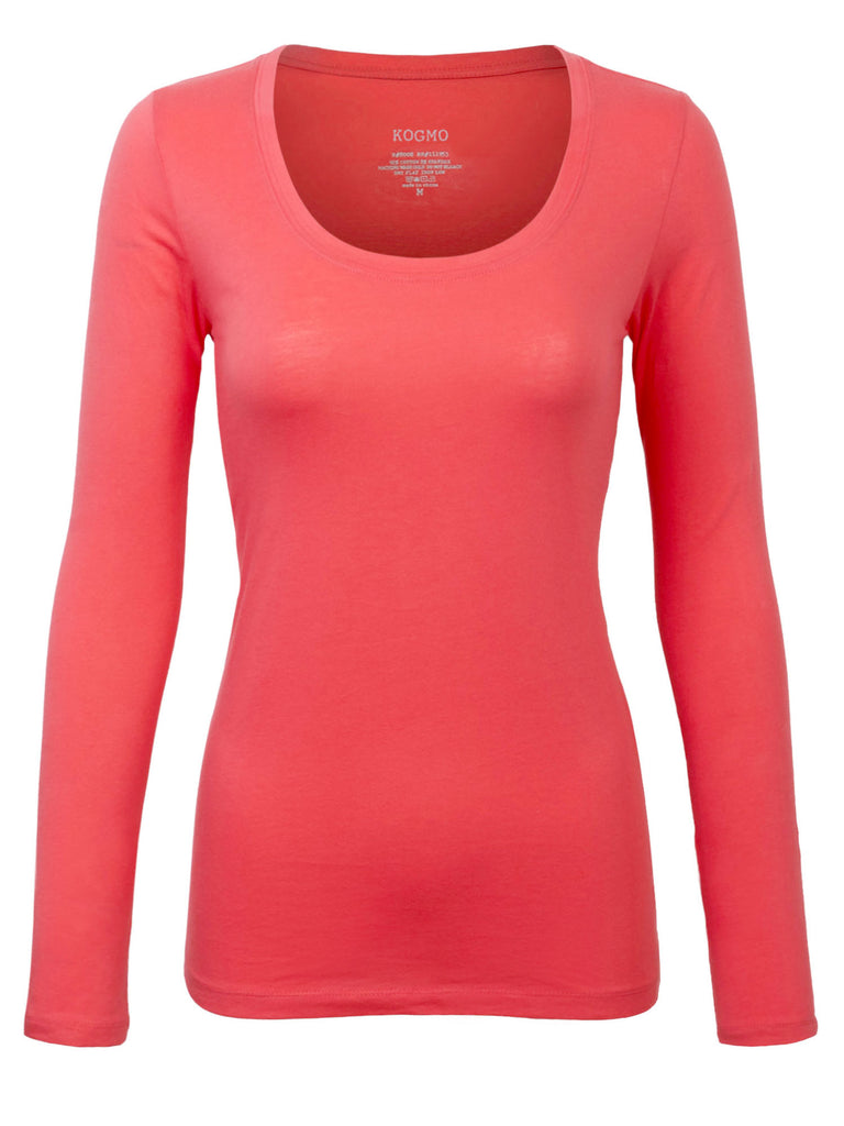 Womens Long Sleeve Basic Plain Scoop Neck T-shirt Top - KOGMO