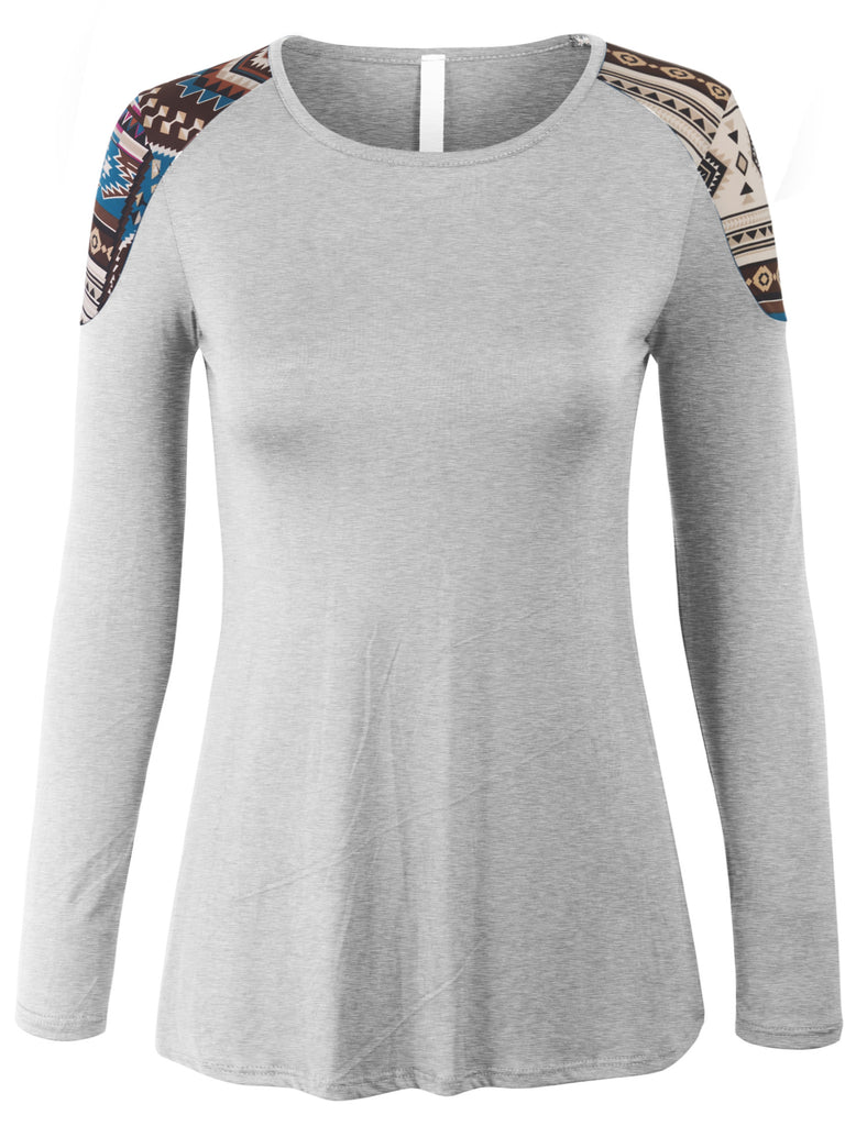 Womens Fashion T shirts Top with Aztec Print Sleeve