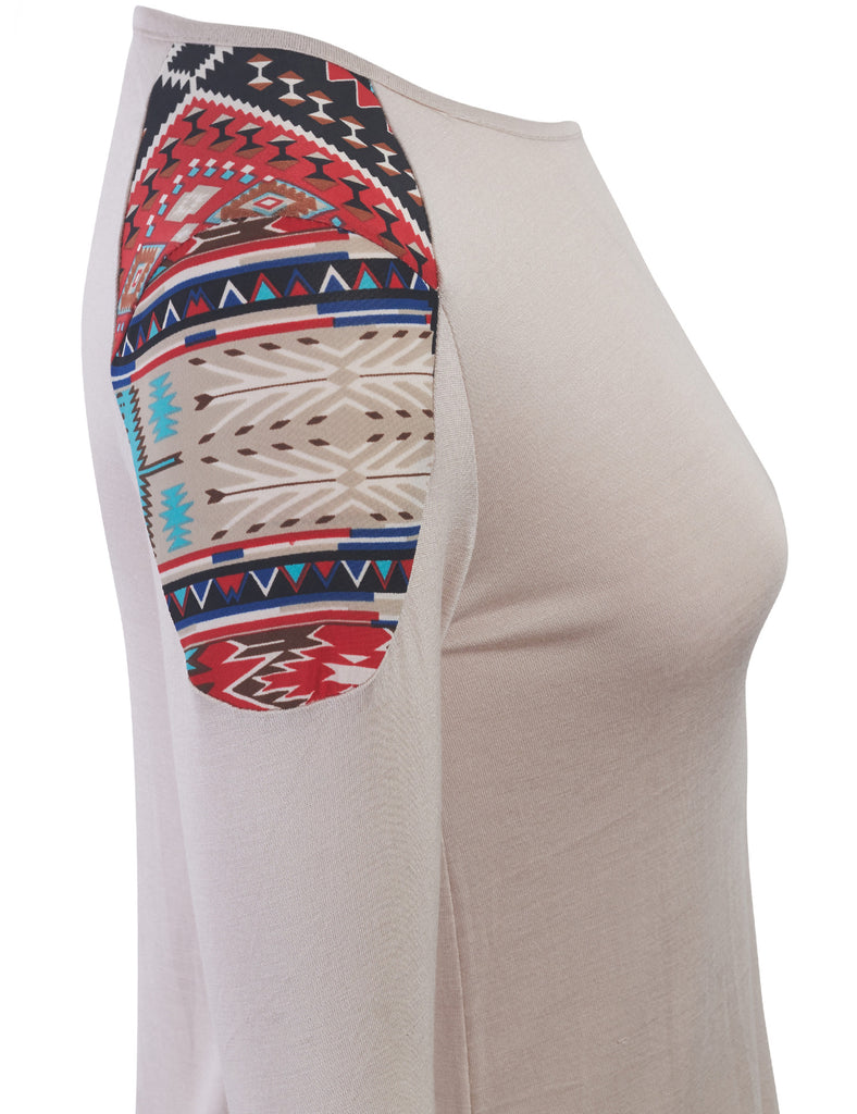 Womens Fashion T shirts Top with Aztec Print Sleeve