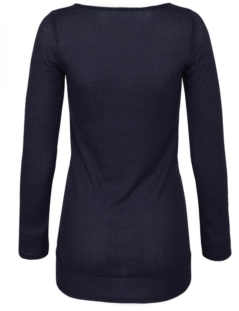 Long Sleeve Ribbed Knit V Neck Front Slit Top T Shirt