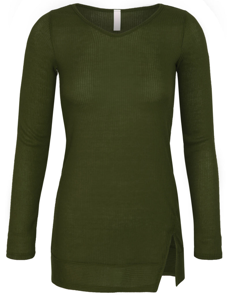 [Clearance] Womens Long Sleeve Ribbed Knit V Neck Front Slit Top T Shirt