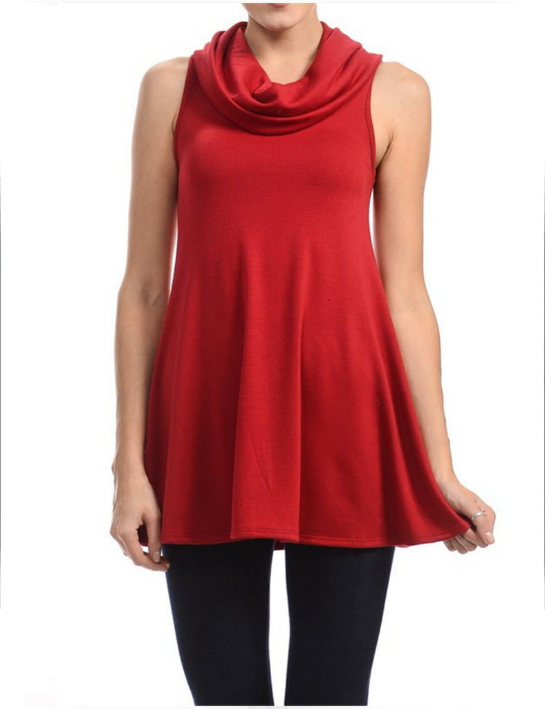 Solid Cowl Neck Sleeveless Flared Knit Top