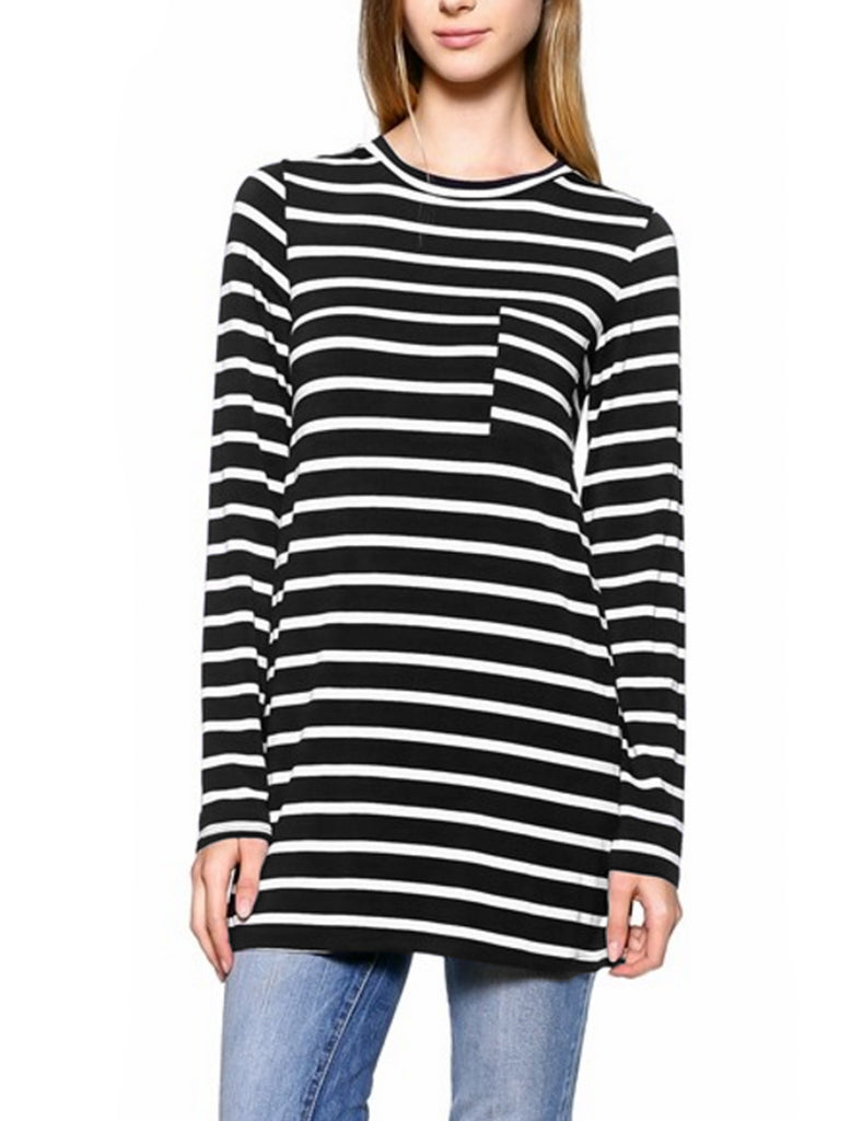 Long Sleeve Striped Tunic Top with Chest Pocket