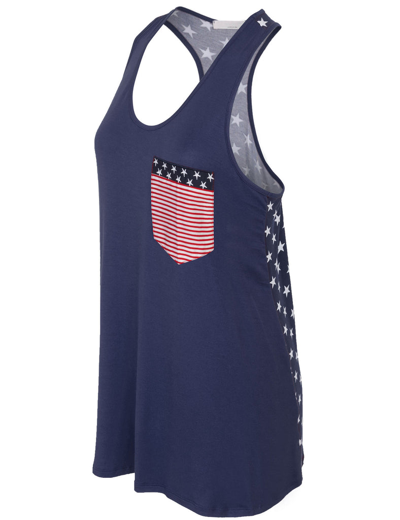 Womens American Flag Sleeveless Jersey Racer Back Tank Tunic Top Made in USA