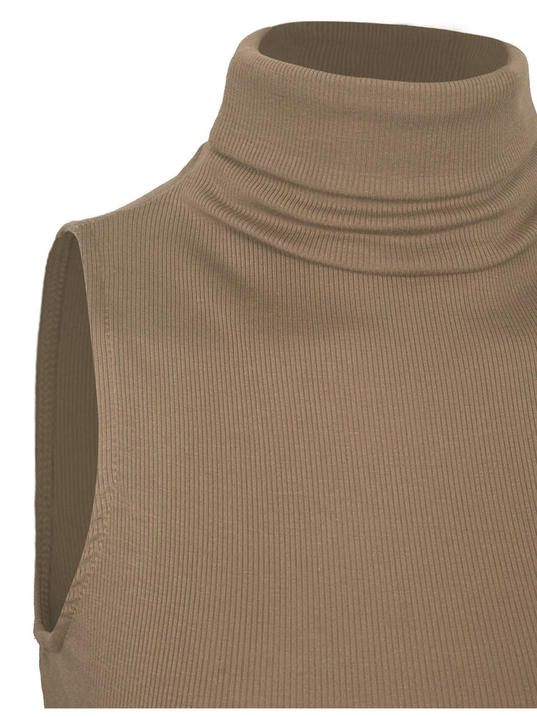 Women's Beige Knit Top Sleeveless Turtleneck