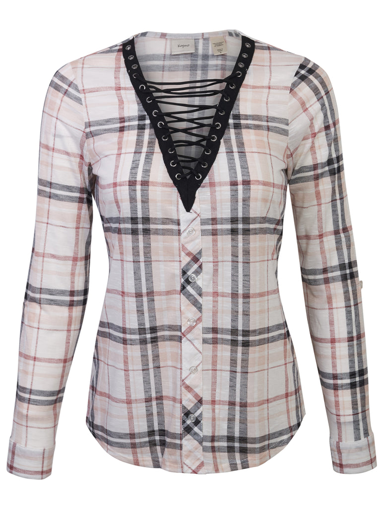 [Clearance] Womens Roll Up Sleeve Lace Up Plaid Knit Top