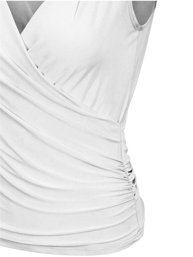 KOGMO Women's Sleeveless Side Wrap Ruched Shirred Slim Fit V-neck Top Shirts