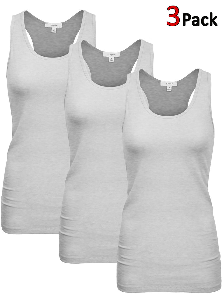  H HIAMIGOS Womens 3 Pack Long Tank Tops Stretchy Cotton  Sleeveless Tops Undershirt Layering Workout Yoga Cami Tanks Black+White+Grey