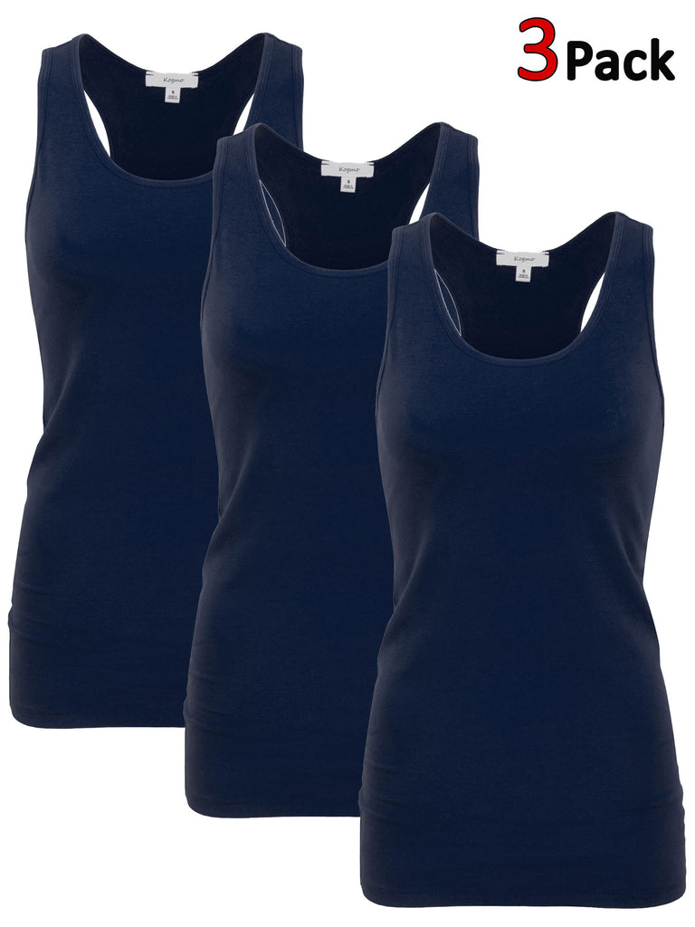 KOGMO Women's Basic Stretchy Cotton Spandex Racerback Tank Top 3-Pack (S-XL)