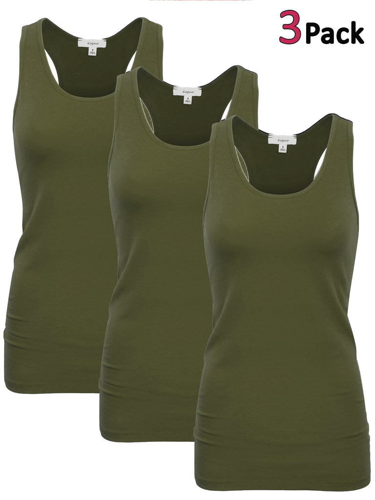 KOGMO Women's Basic Stretchy Cotton Spandex Racerback Tank Top 3-Pack (S-XL)