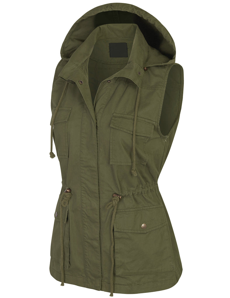 Womens Military Anorak Safari Utility Vest with Hood
