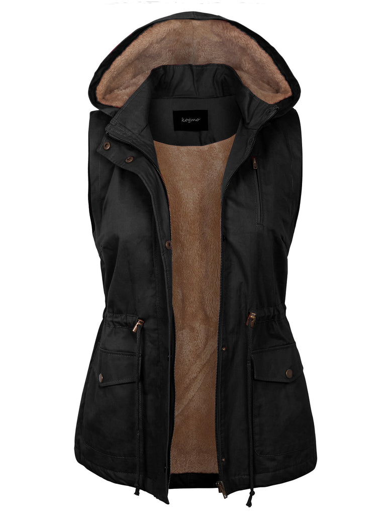 KOGMO Womens Fur Lined Anorak Safari Vest with Detachable Hoodie (S-3X)