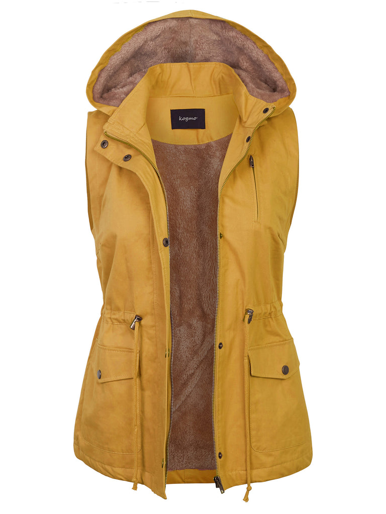 KOGMO Womens Fur Lined Anorak Safari Vest with Detachable Hoodie (S-3X)