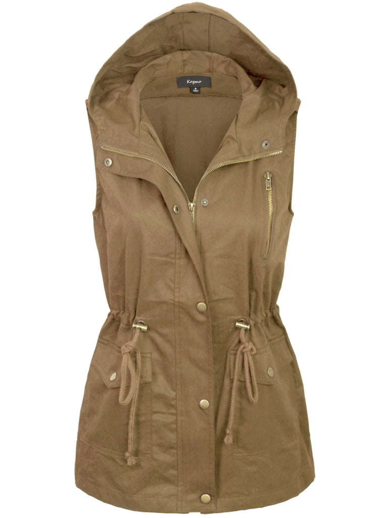 KOGMO Womens Zip Up Military Anorak Utility Vest with Hood American Size (S-3X)