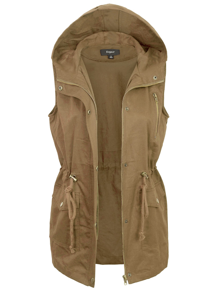 KOGMO Womens Zip Up Military Anorak Utility Vest with Hood American Size (S-3X)