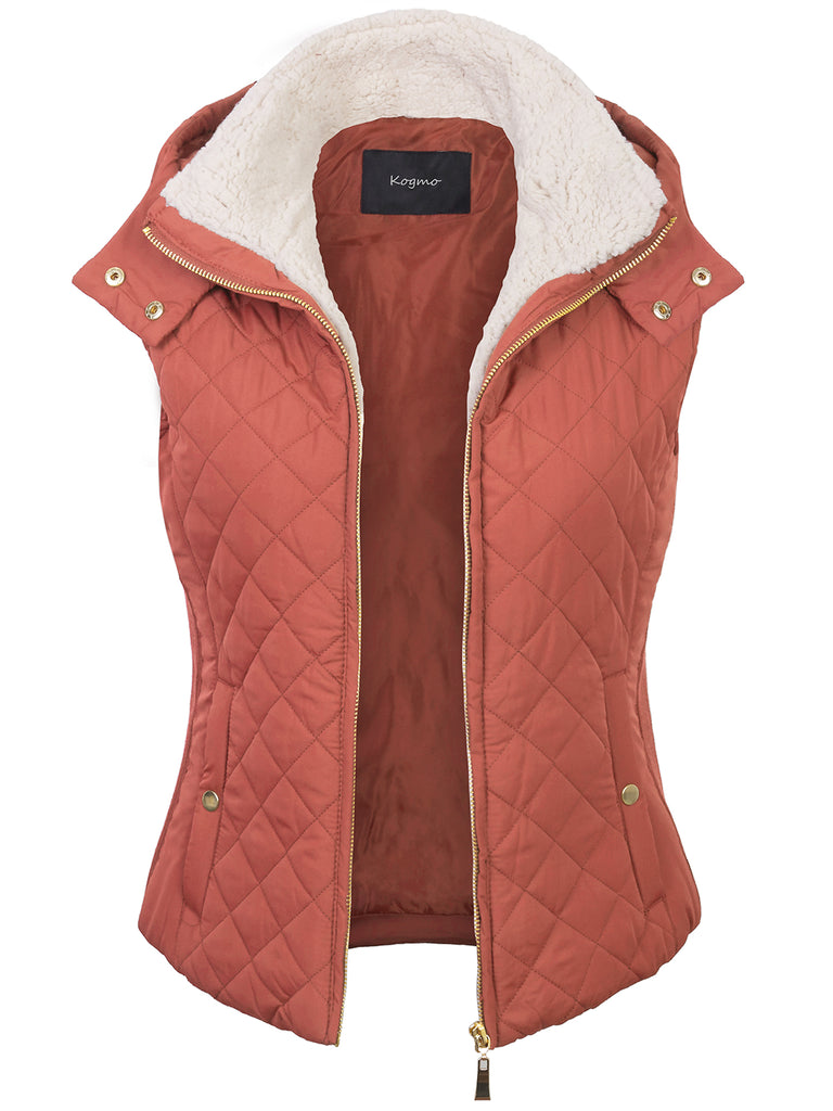 KOGMO Women's Quilted Lightweight Hoodie Vest with Sherpa Line Detail