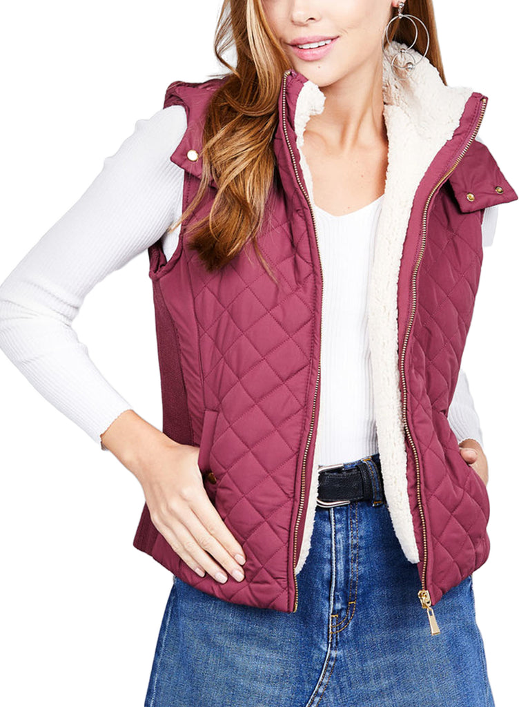 KOGMO Women's Quilted Lightweight Hoodie Vest with Sherpa Line Detail