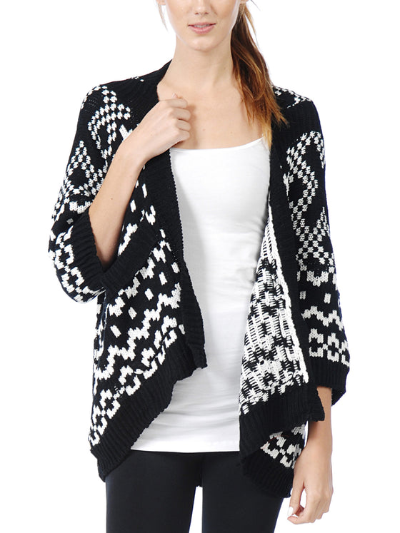 [Clearance] Women 3/4 Sleeve Knitted Geometric Pattern Shawl Open Drape Cardian Sweater