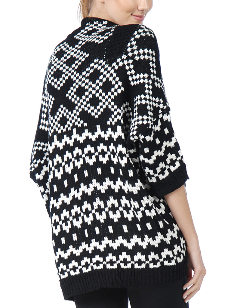 [Clearance] Women 3/4 Sleeve Knitted Geometric Pattern Shawl Open Drape Cardian Sweater