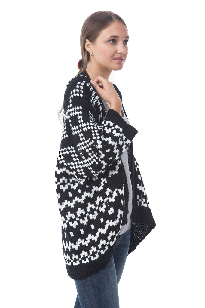 Women 3/4 Sleeve Knitted Geometric Pattern Shawl Open Drape Cardigan Sweater