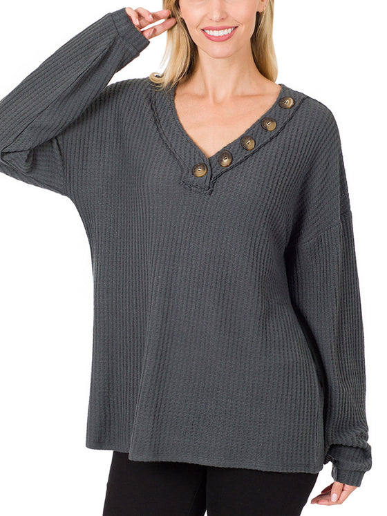 Womens Waffle Thermal V Neck Sweater with Buttons Detail (S-XL)