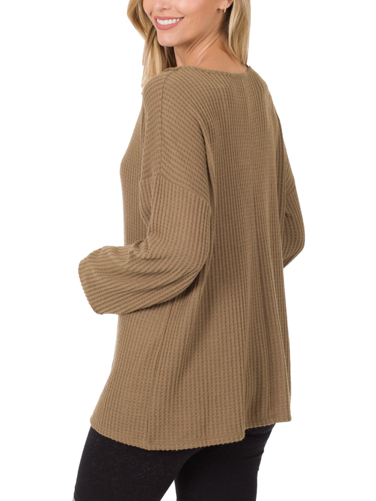 Womens Waffle Thermal V Neck Sweater with Buttons Detail (S-XL)