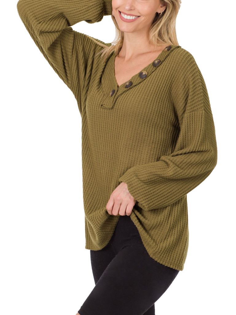Womens Waffle Thermal V Neck Sweater with Buttons Detail (S-XL)